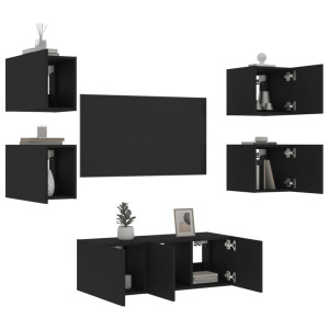 Muebles de TV de pared con LED 6 pzas madera ingeniería negro D