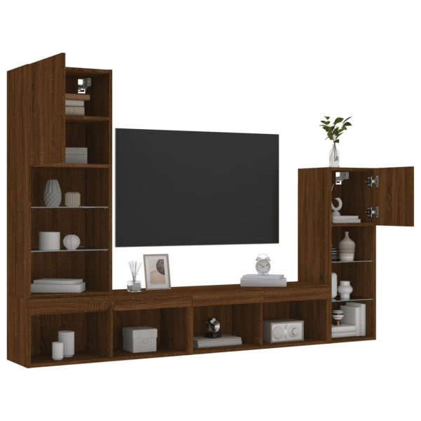 Mobiliário TV parede com LED 4 pzas madeira engenharia marrom carvalho D