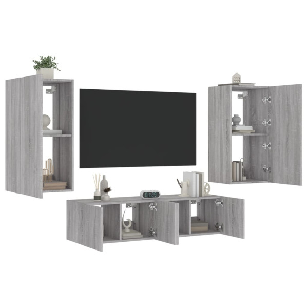 Muebles TV pared con LED 4 pzas madera ingeniería gris Sonoma D