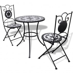 Conjunto de mesa e cadeiras de jardim 3 peças de mosaico branco e preto D