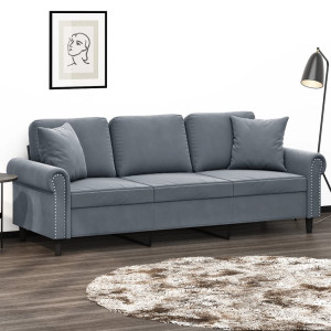 Sofá de 3 lugares com almofadas de veludo cinza escuro 180 cm D