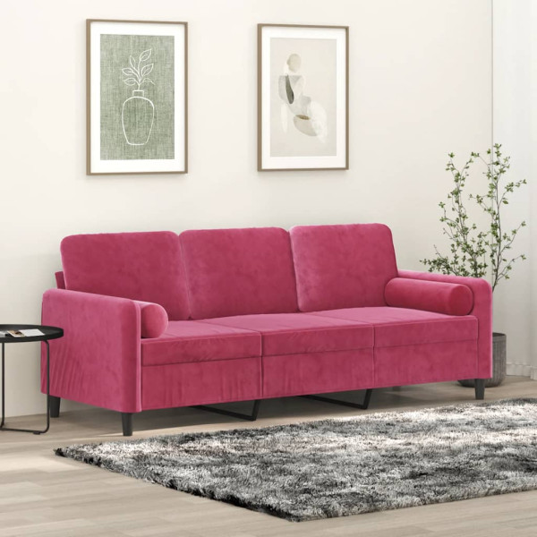 Sofá de 3 lugares com almofadas de veludo vermelho vermelho 180 cm D