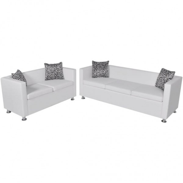Conjunto de sofás de 2 y 3 plazas y sillón de cuero artificial blanco D