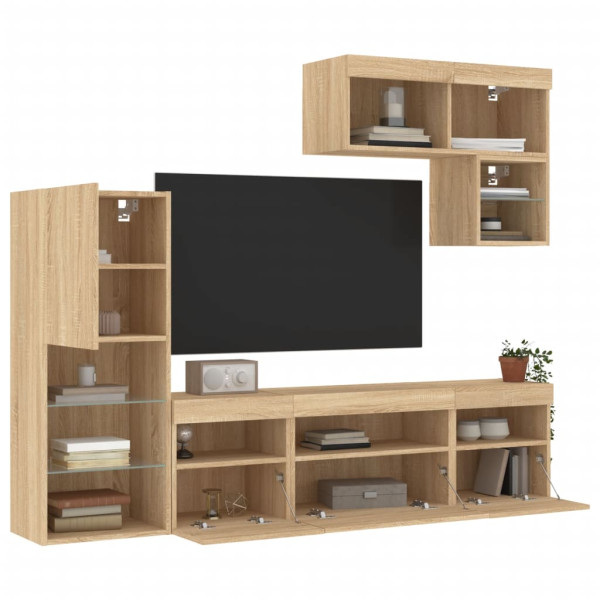 Muebles TV pared con LED 6 pzas madera ingeniería roble Sonoma D