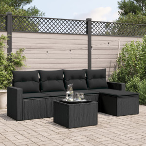 Set muebles de jardín 6 piezas y cojines ratán sintético negro D