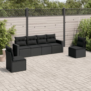 Set muebles de jardín 6 piezas y cojines ratán sintético negro D