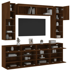 Muebles de TV de pared con luces LED 6 piezas marrón roble D