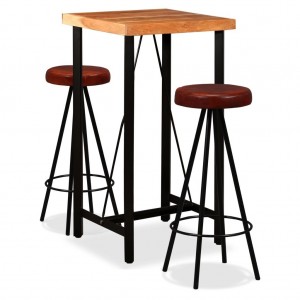 Set de mobília de bar 3 pcs madeira maciça acacia couro genuíno D