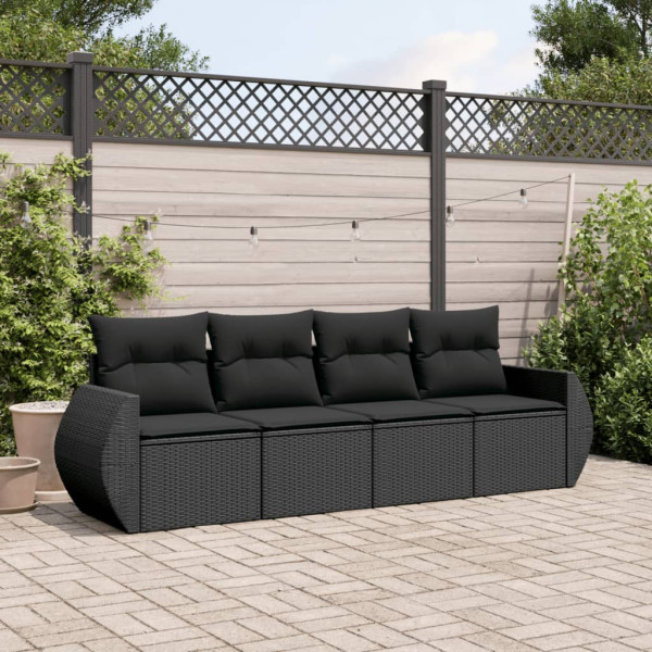 Conjunto de sofá de jardim de 4 peças com almofadas de vime sintético preto D