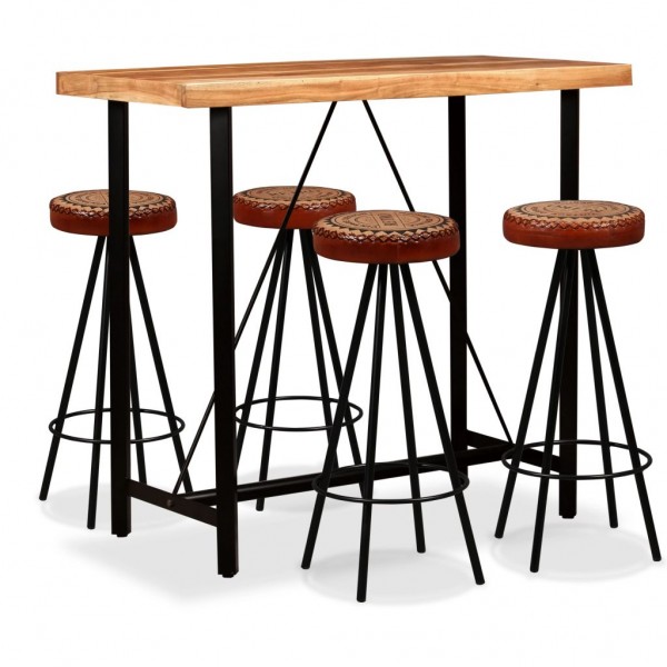 Mesa y 4 taburetes bar madera maciza acacia cuero real y lona D