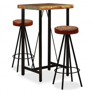 Mesa e 2 poltronas de bar madeira maciça reciclada de couro real lona D