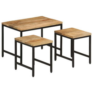 Mesas apilables 3 piezas madera de mango rugosa maciza y hierro D