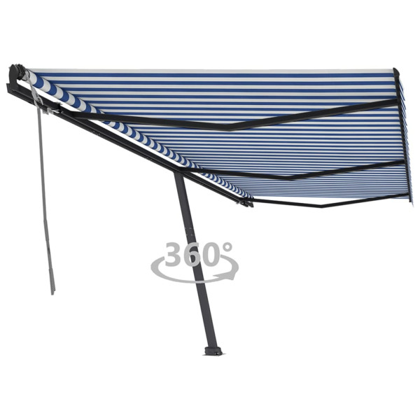 Toldo manual retrátil de pé azul e branco 600x350 cm D