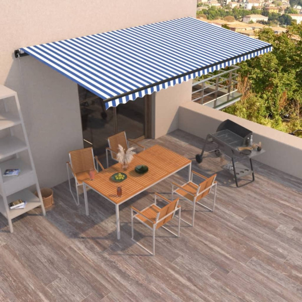 Toldo manual retrátil azul e branco 600x350 cm D