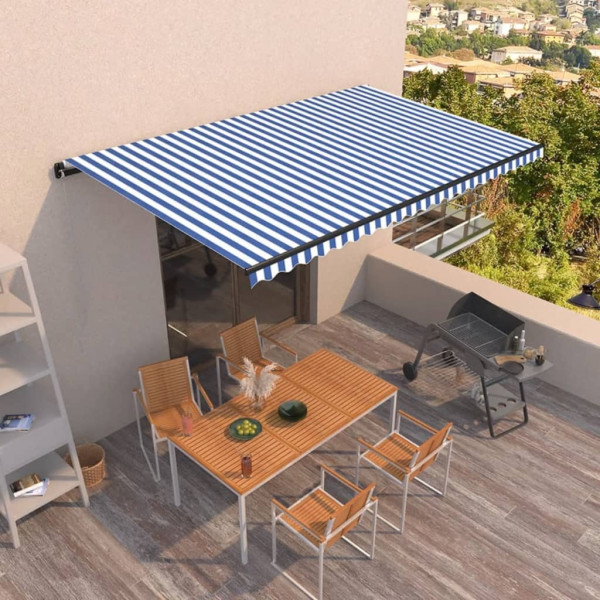 Toldo retrátil manual azul e branco 500x350 cm D