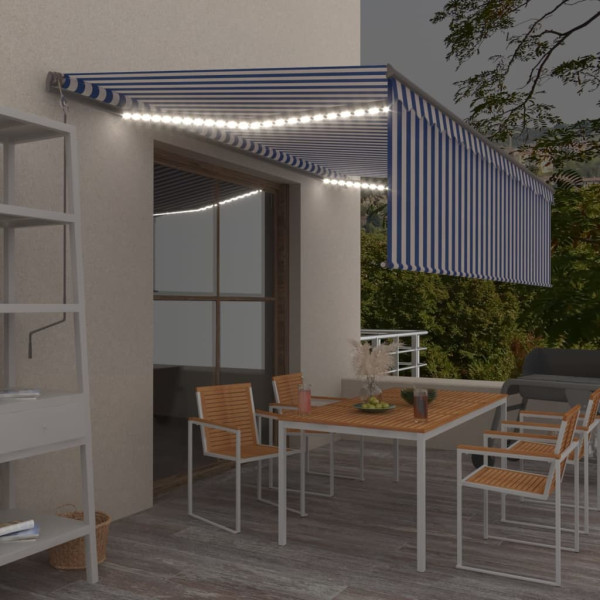 Toldo retráctil manual con persiana y LED azul y blanco 5x3 m D