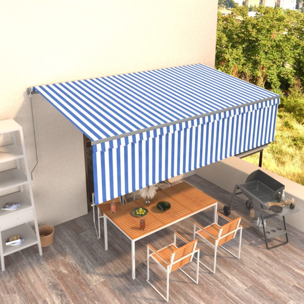 Toldo retrátil manual com persiana azul e branco 5x3 m D