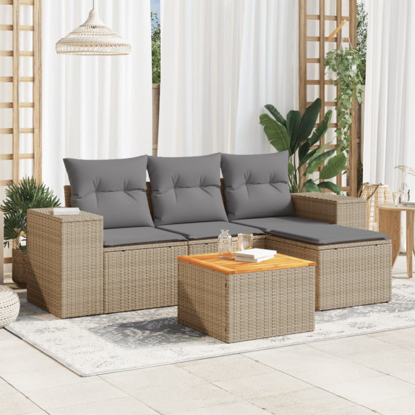 Conjunto de sofás jardim com almofadas 5 pcs ratão sintético beige D