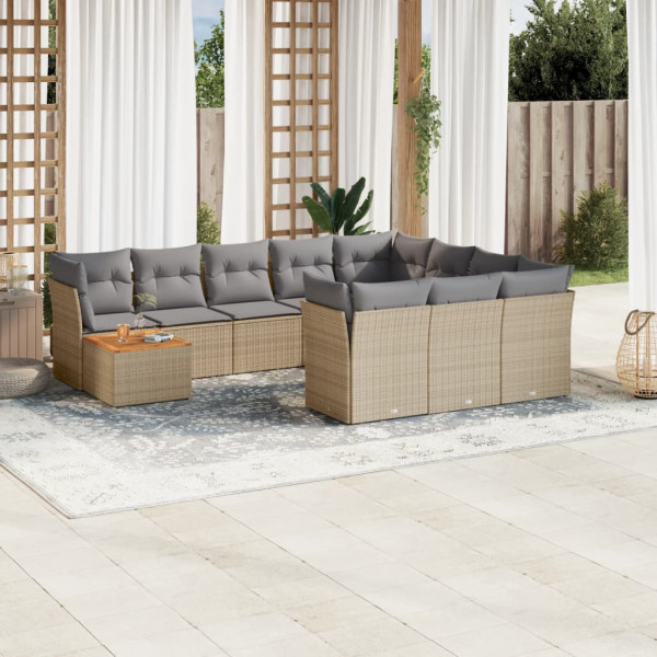 Set de sofás de jardín 11pzas con cojines ratán sintético beige D