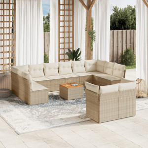 Set sofás de jardín con cojines 13 pzas ratán sintético beige D