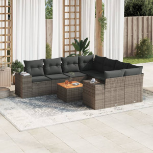 Set de muebles de jardín 9 pzas y cojines ratán sintético gris D