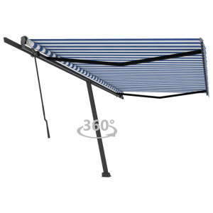 Toldo de pie retráctil manual azul y blanco 500x300 cm D