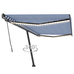 Toldo retráctil manual con luz LED azul y blanco 500x350 cm D