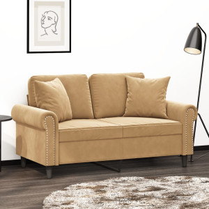 Sofá de 2 plazas con cojines terciopelo marrón 120 cm D