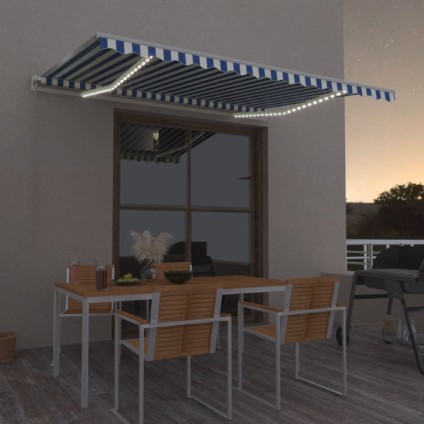 Toldo retráctil manual con LED azul y blanco 400x300 cm D