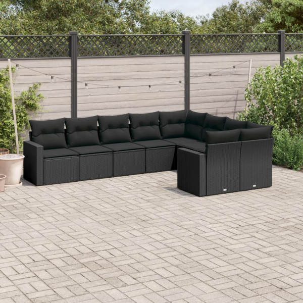 Conjunto de sofá de jardim de 8 peças e almofadas de vime sintético preto D