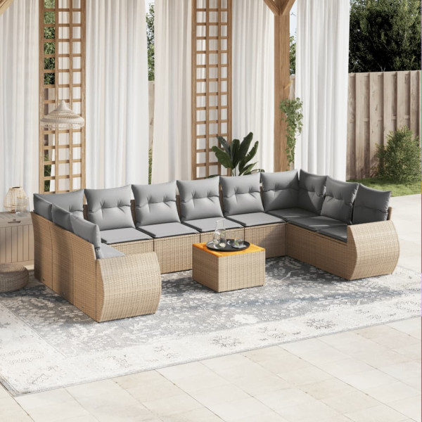 Set de sofás de jardín 11pzas con cojines ratán sintético beige D