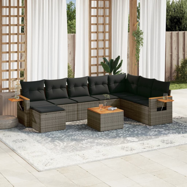 Set de muebles de jardín 9 pzas y cojines ratán sintético gris D