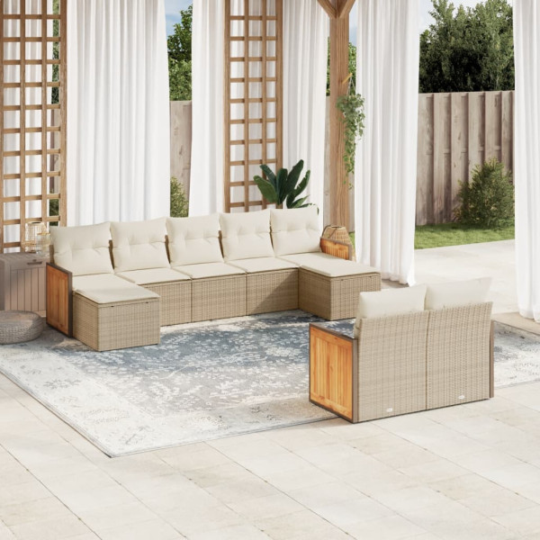 Set de sofás de jardín 9 pzas con cojines ratán sintético beige D