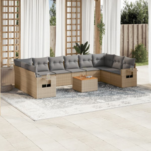 Set de sofás de jardín 11pzas con cojines ratán sintético beige D