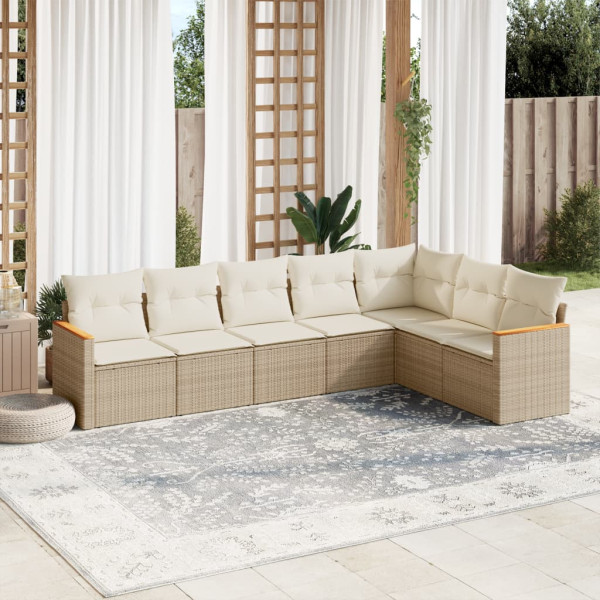 Set sofás de jardín 7 piezas y cojines ratán sintético beige D