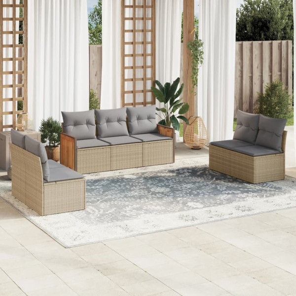 Set sofás de jardín 7 piezas y cojines ratán sintético beige D