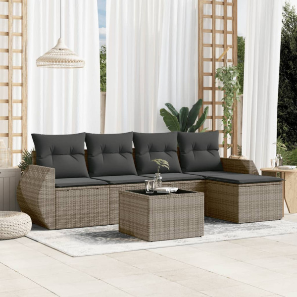 Set de muebles de jardín 6 pzas y cojines ratán sintético gris D