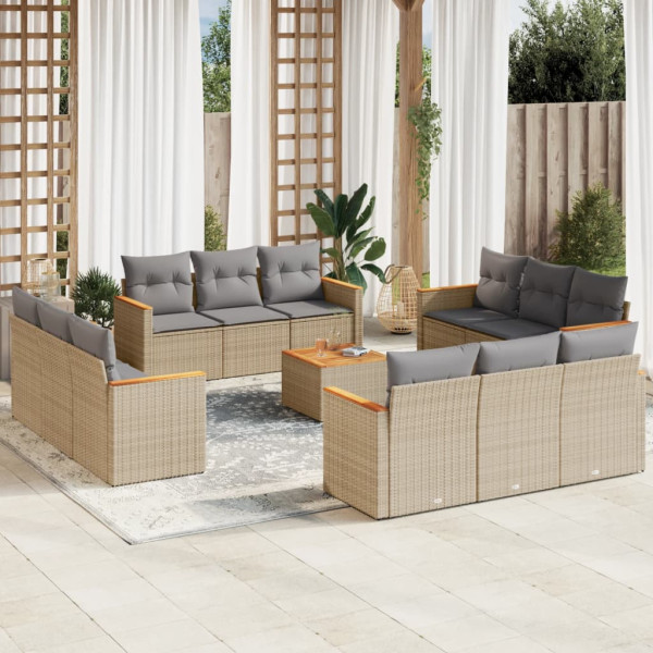 Set sofás de jardín con cojines 13 pzas ratán sintético beige D