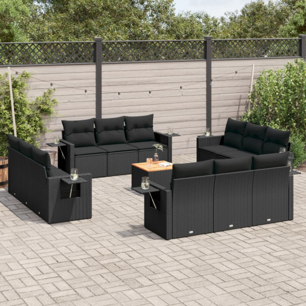 Conjunto de sofá e almofada de jardim com 13 peças de rattan sintético preto D