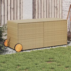 Caja de almacenaje jardín con ruedas ratán PE beige mezcla 283L D