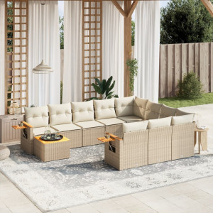 Set de sofás de jardín 11pzas con cojines ratán sintético beige D