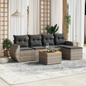 Set de muebles de jardín 6 pzas y cojines ratán sintético gris D