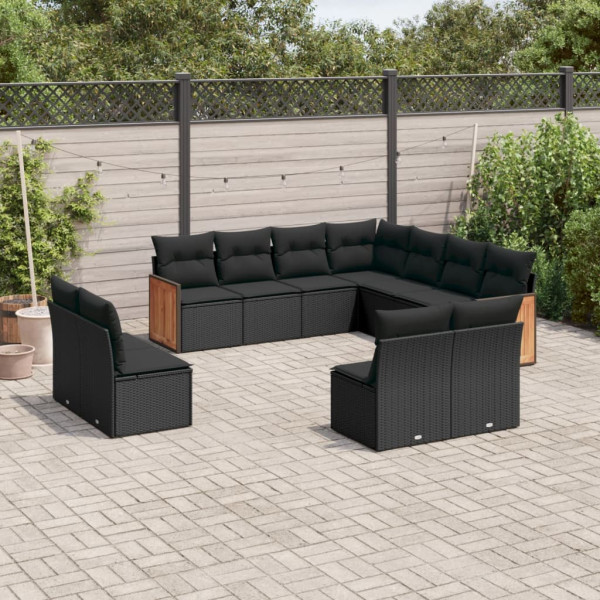 Conjunto de sofá de jardim de 11 peças e almofadas de vime sintético preto D