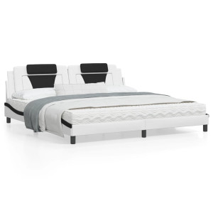 Estructura cama con LED cuero sintético blanco negro 200x200 cm D