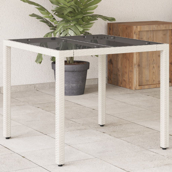 Mesa de jardim com superfície de vidro rattan PE branco 90x90x75 cm D