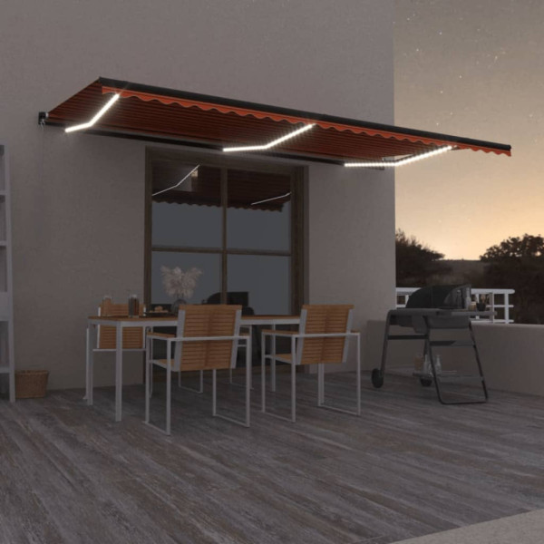 Toldo retrátil manual com luz LED laranja e marrom 600x350 cm D