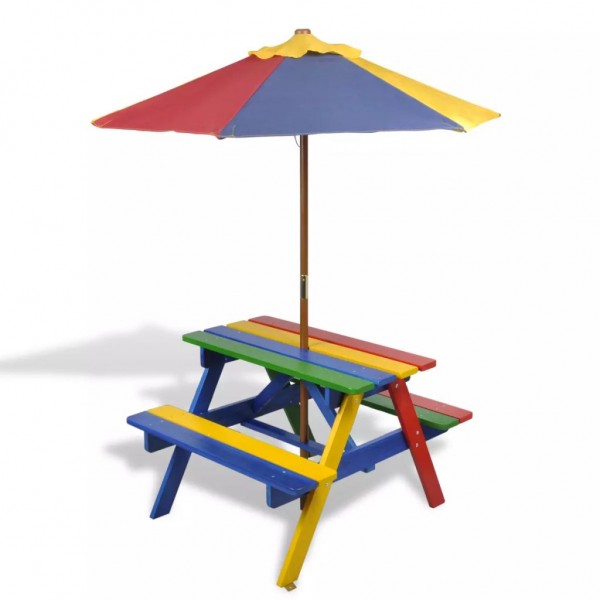 Mesa de picnic y bancos de niños y sombrilla madera multicolor D