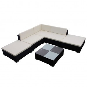 6 pcs conjunto lounge de jardim c/ almofadões vime PE preto H