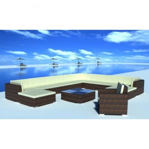 Set muebles de jardín y cojines 12 pzas ratán sintético marrón D