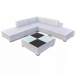 Set muebles de jardín 6 piezas y cojines ratán sintético blanco H